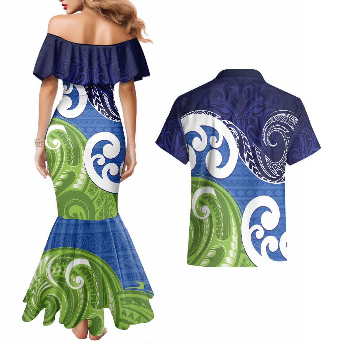 Southland New Zealand Couples Matching Mermaid Dress and Hawaiian Shirt Maori Koru Flag Color