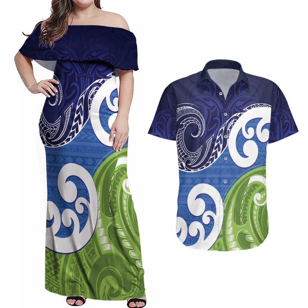 Southland New Zealand Couples Matching Off Shoulder Maxi Dress and Hawaiian Shirt Maori Koru Flag Color