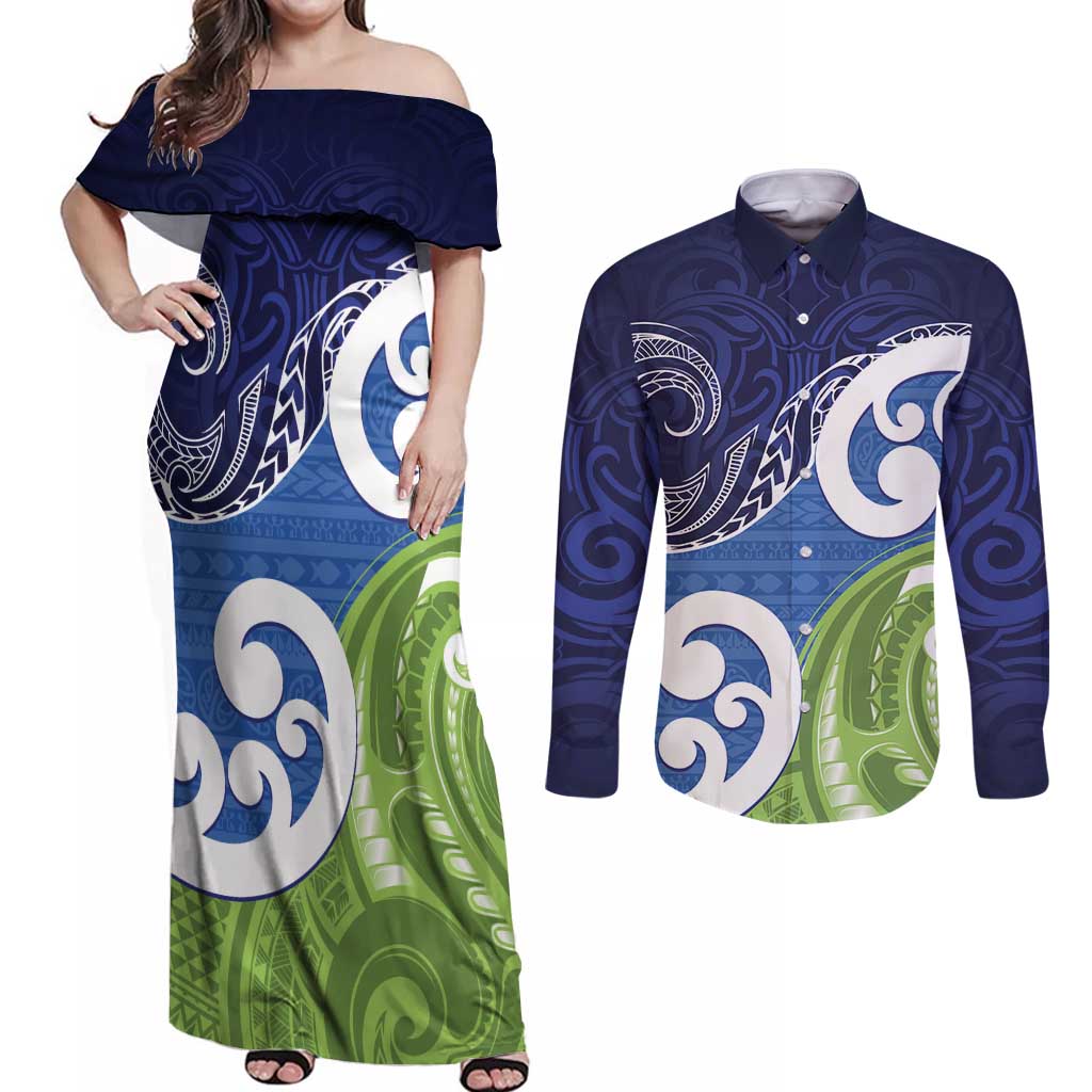 Southland New Zealand Couples Matching Off Shoulder Maxi Dress and Long Sleeve Button Shirt Maori Koru Flag Color