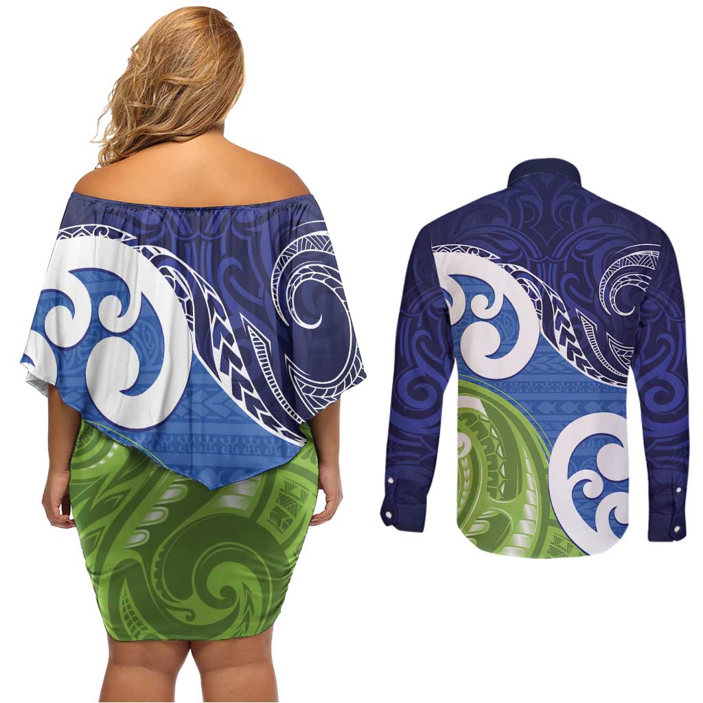 Southland New Zealand Couples Matching Off Shoulder Short Dress and Long Sleeve Button Shirt Maori Koru Flag Color