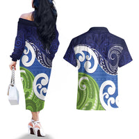 Southland New Zealand Couples Matching Off The Shoulder Long Sleeve Dress and Hawaiian Shirt Maori Koru Flag Color