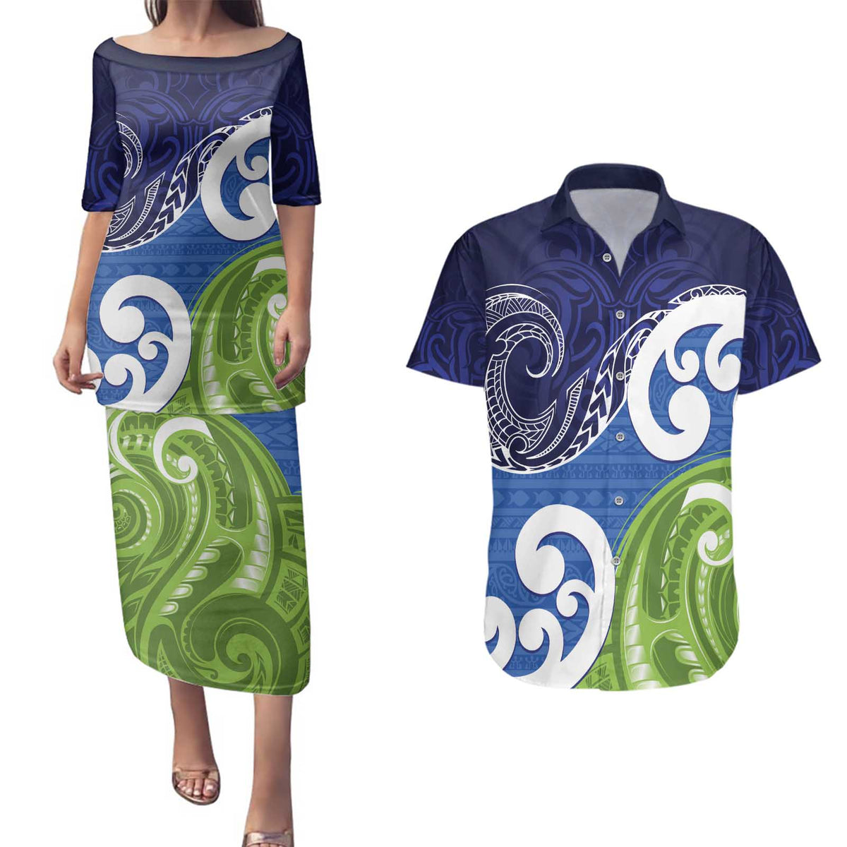 Southland New Zealand Couples Matching Puletasi and Hawaiian Shirt Maori Koru Flag Color