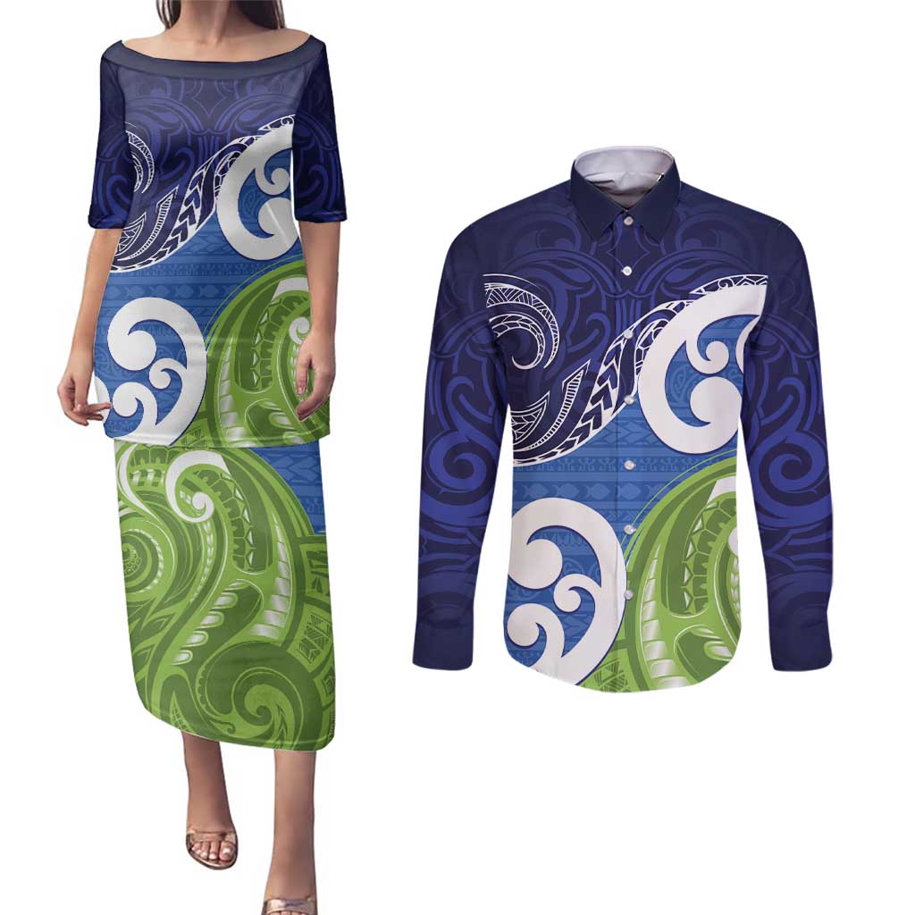 Southland New Zealand Couples Matching Puletasi and Long Sleeve Button Shirt Maori Koru Flag Color