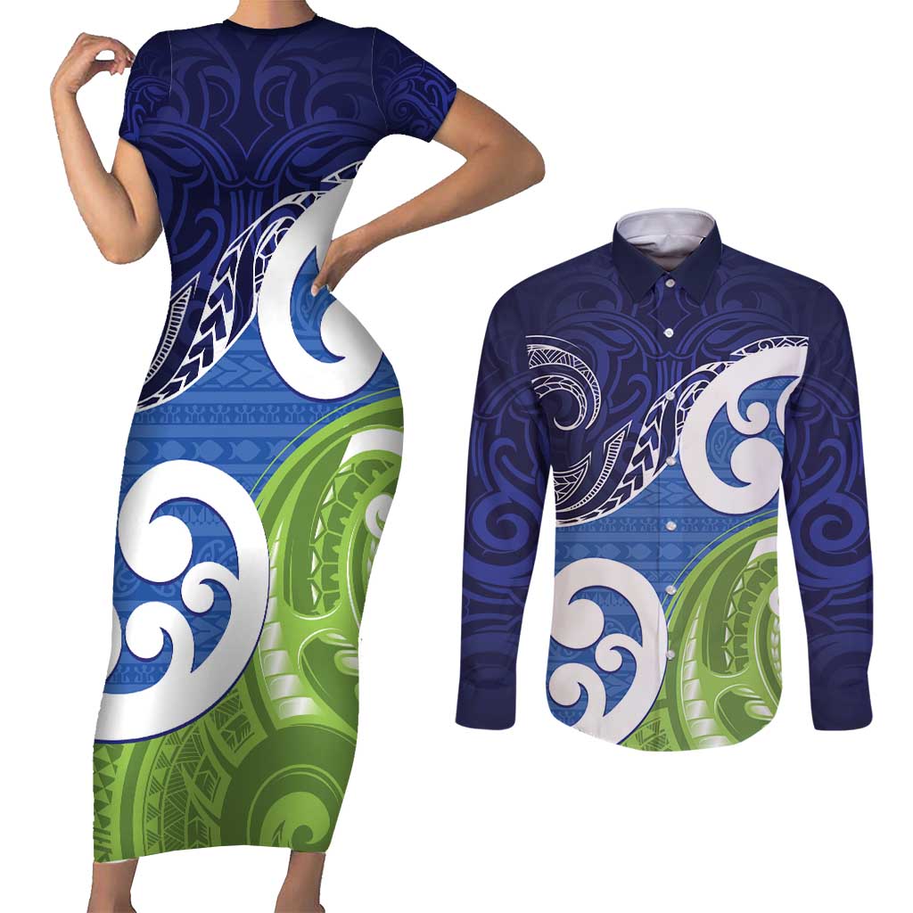 Southland New Zealand Couples Matching Short Sleeve Bodycon Dress and Long Sleeve Button Shirt Maori Koru Flag Color