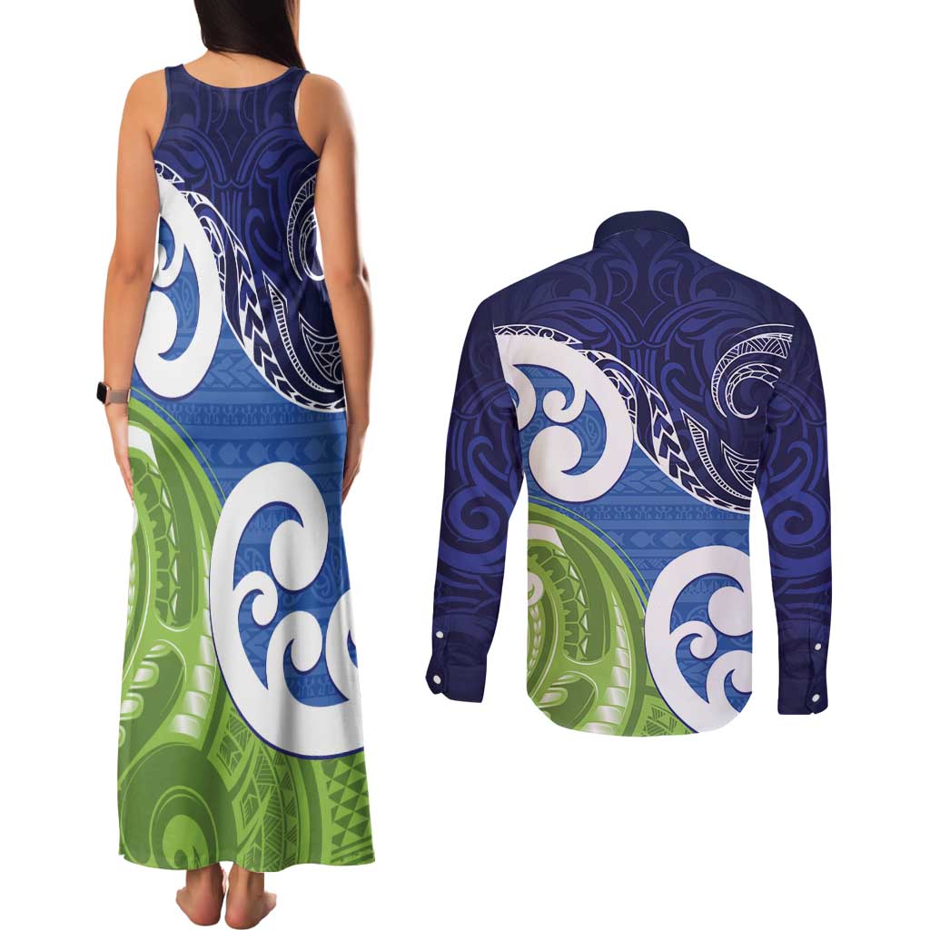 Southland New Zealand Couples Matching Tank Maxi Dress and Long Sleeve Button Shirt Maori Koru Flag Color