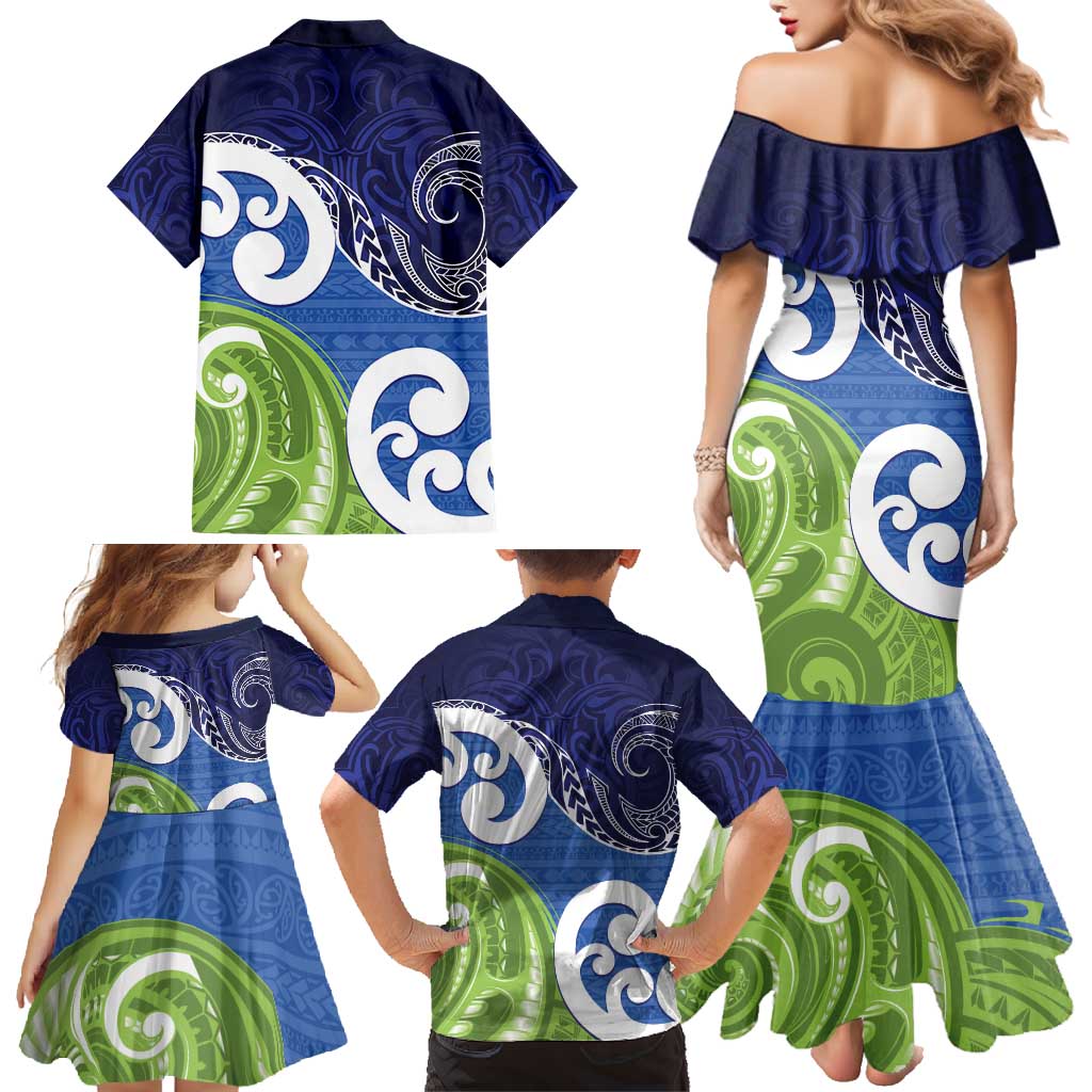 Southland New Zealand Family Matching Mermaid Dress and Hawaiian Shirt Maori Koru Flag Color