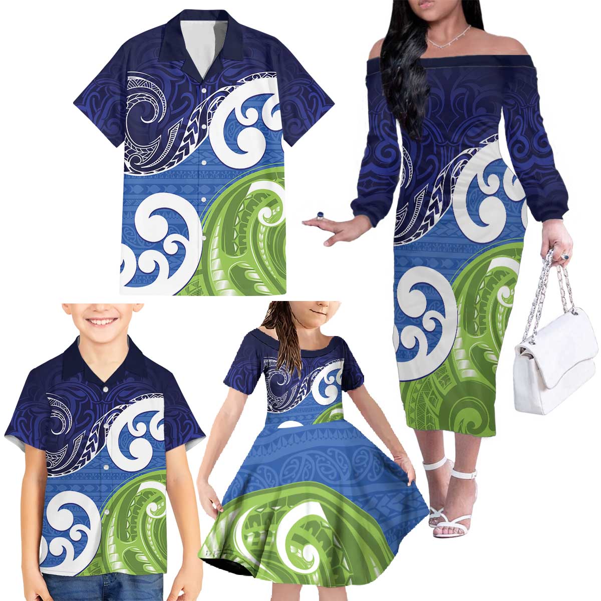 Southland New Zealand Family Matching Off The Shoulder Long Sleeve Dress and Hawaiian Shirt Maori Koru Flag Color