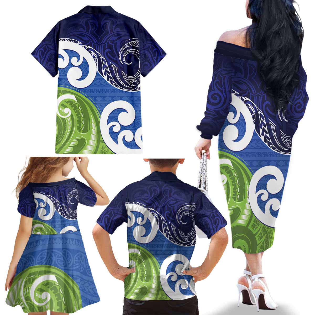 Southland New Zealand Family Matching Off The Shoulder Long Sleeve Dress and Hawaiian Shirt Maori Koru Flag Color