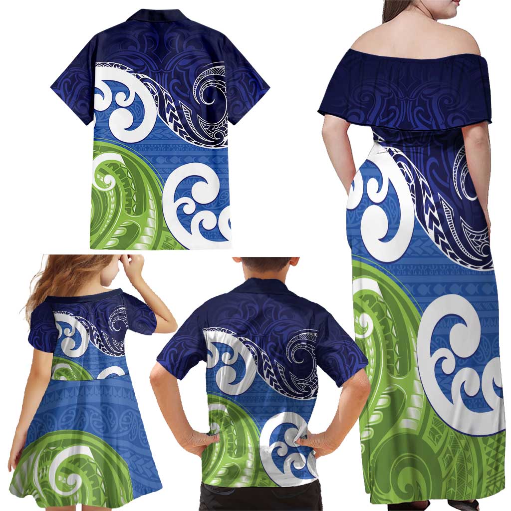 Southland New Zealand Family Matching Off Shoulder Maxi Dress and Hawaiian Shirt Maori Koru Flag Color