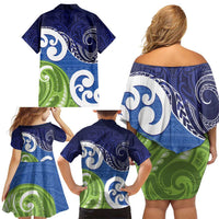 Southland New Zealand Family Matching Off Shoulder Short Dress and Hawaiian Shirt Maori Koru Flag Color