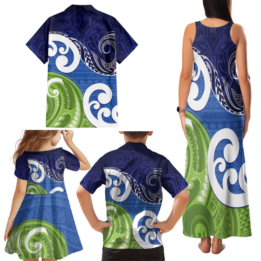 Southland New Zealand Family Matching Tank Maxi Dress and Hawaiian Shirt Maori Koru Flag Color
