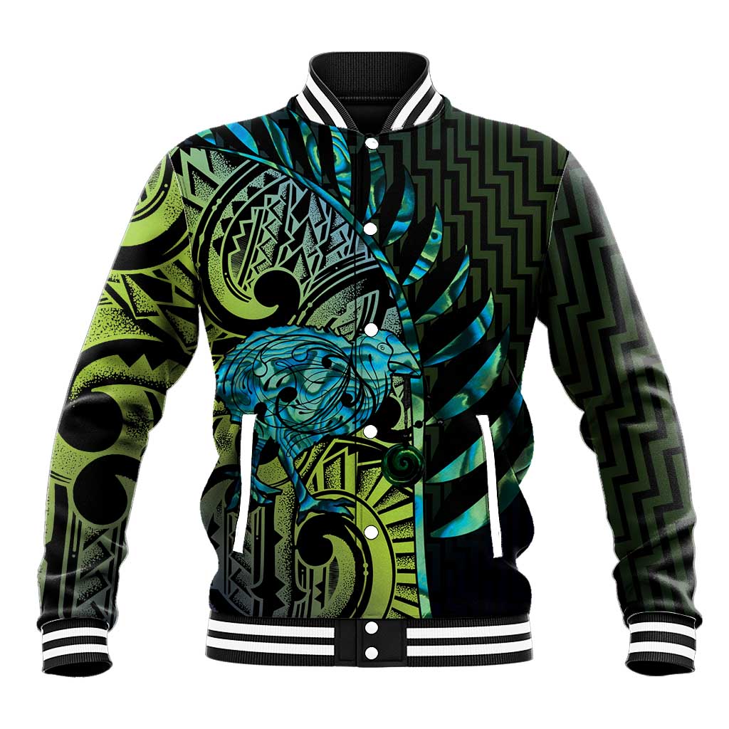 Southland Takehe Pounama Baseball Jacket Aotearoa Poutama Paua Shell Fern LT14 Unisex Black - Polynesian Pride