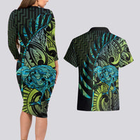 Southland Takehe Pounama Couples Matching Long Sleeve Bodycon Dress and Hawaiian Shirt Aotearoa Poutama Paua Shell Fern