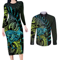 Southland Takehe Pounama Couples Matching Long Sleeve Bodycon Dress and Long Sleeve Button Shirt Aotearoa Poutama Paua Shell Fern