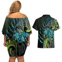 Southland Takehe Pounama Couples Matching Off Shoulder Short Dress and Hawaiian Shirt Aotearoa Poutama Paua Shell Fern