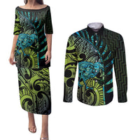 Southland Takehe Pounama Couples Matching Puletasi and Long Sleeve Button Shirt Aotearoa Poutama Paua Shell Fern