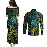 Southland Takehe Pounama Couples Matching Puletasi and Long Sleeve Button Shirt Aotearoa Poutama Paua Shell Fern
