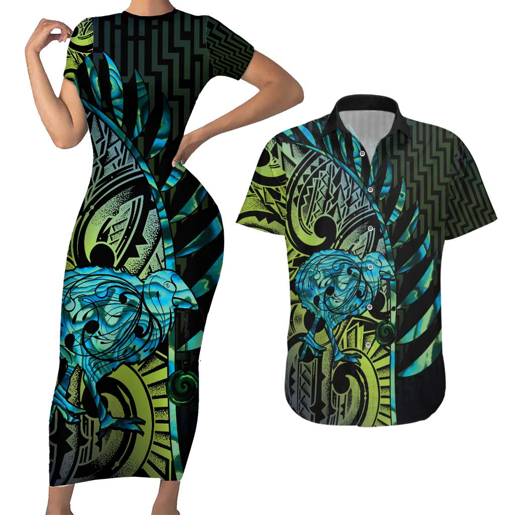 Southland Takehe Pounama Couples Matching Short Sleeve Bodycon Dress and Hawaiian Shirt Aotearoa Poutama Paua Shell Fern
