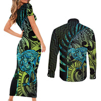 Southland Takehe Pounama Couples Matching Short Sleeve Bodycon Dress and Long Sleeve Button Shirt Aotearoa Poutama Paua Shell Fern