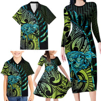 Southland Takehe Pounama Family Matching Long Sleeve Bodycon Dress and Hawaiian Shirt Aotearoa Poutama Paua Shell Fern