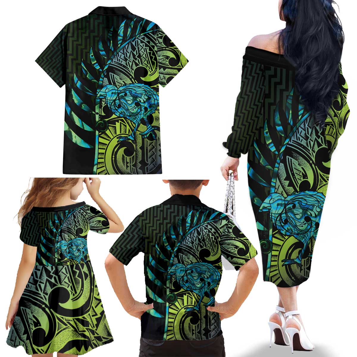 Southland Takehe Pounama Family Matching Off The Shoulder Long Sleeve Dress and Hawaiian Shirt Aotearoa Poutama Paua Shell Fern