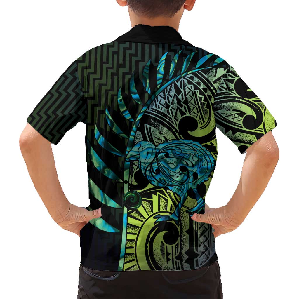 Southland Takehe Pounama Family Matching Short Sleeve Bodycon Dress and Hawaiian Shirt Aotearoa Poutama Paua Shell Fern