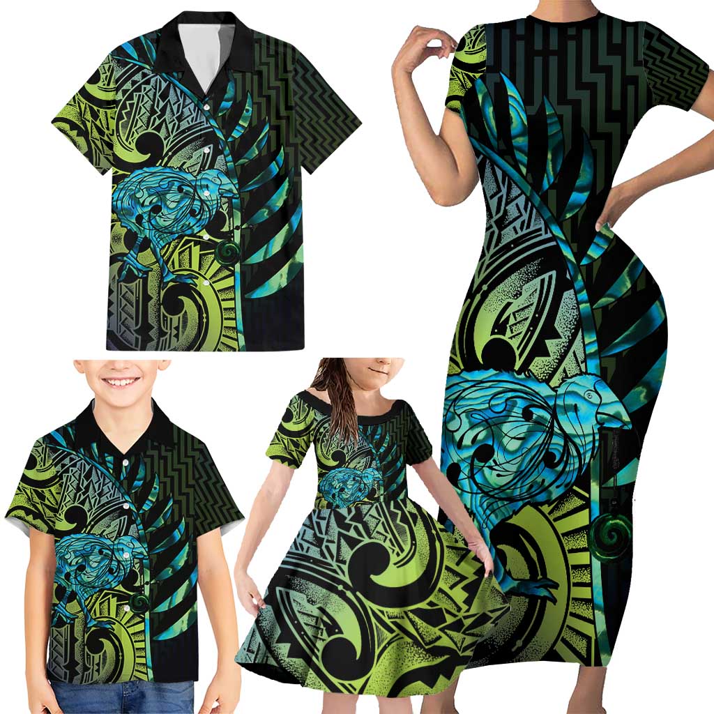 Southland Takehe Pounama Family Matching Short Sleeve Bodycon Dress and Hawaiian Shirt Aotearoa Poutama Paua Shell Fern