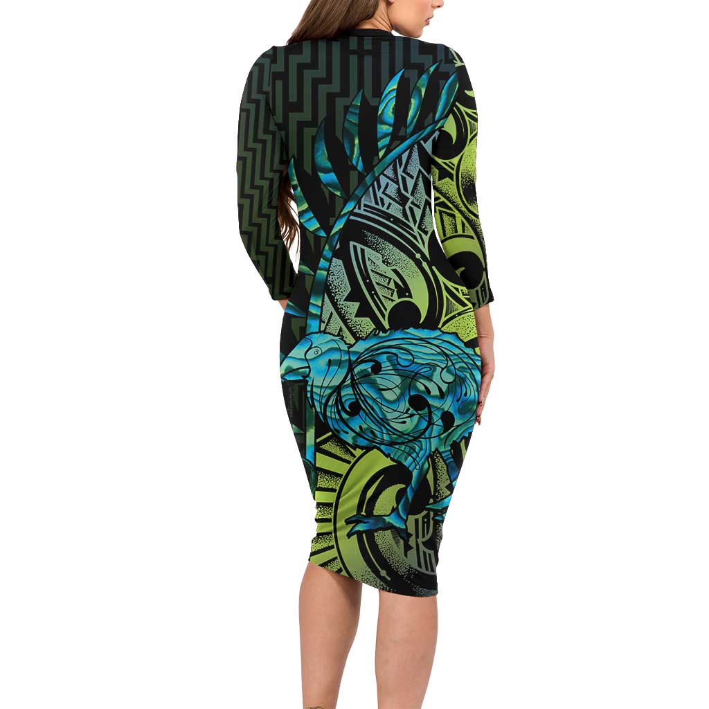 Southland Takehe Pounama Long Sleeve Bodycon Dress Aotearoa Poutama Paua Shell Fern