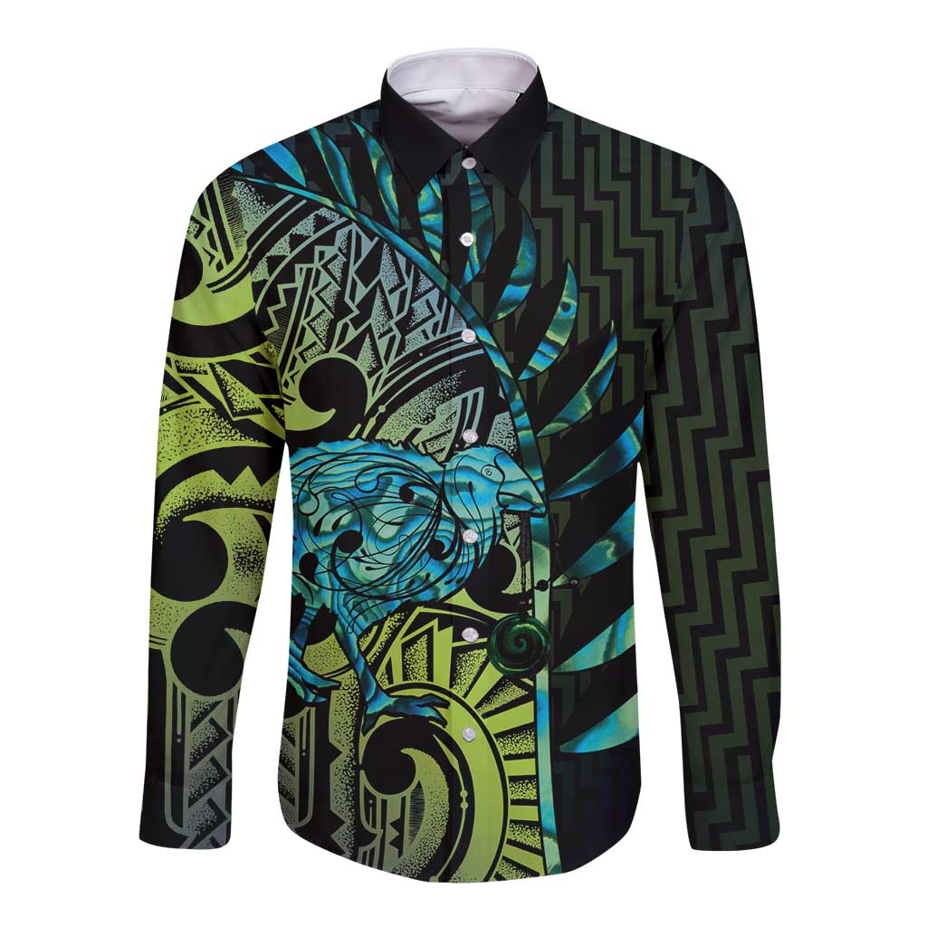 Southland Takehe Pounama Long Sleeve Button Shirt Aotearoa Poutama Paua Shell Fern LT14 Unisex Black - Polynesian Pride