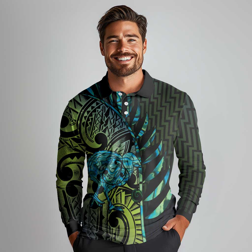 Southland Takehe Pounama Long Sleeve Polo Shirt Aotearoa Poutama Paua Shell Fern