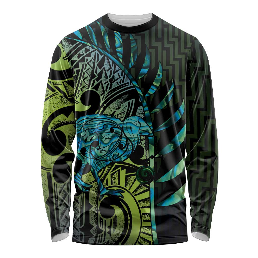 Southland Takehe Pounama Long Sleeve Shirt Aotearoa Poutama Paua Shell Fern LT14 Unisex Black - Polynesian Pride