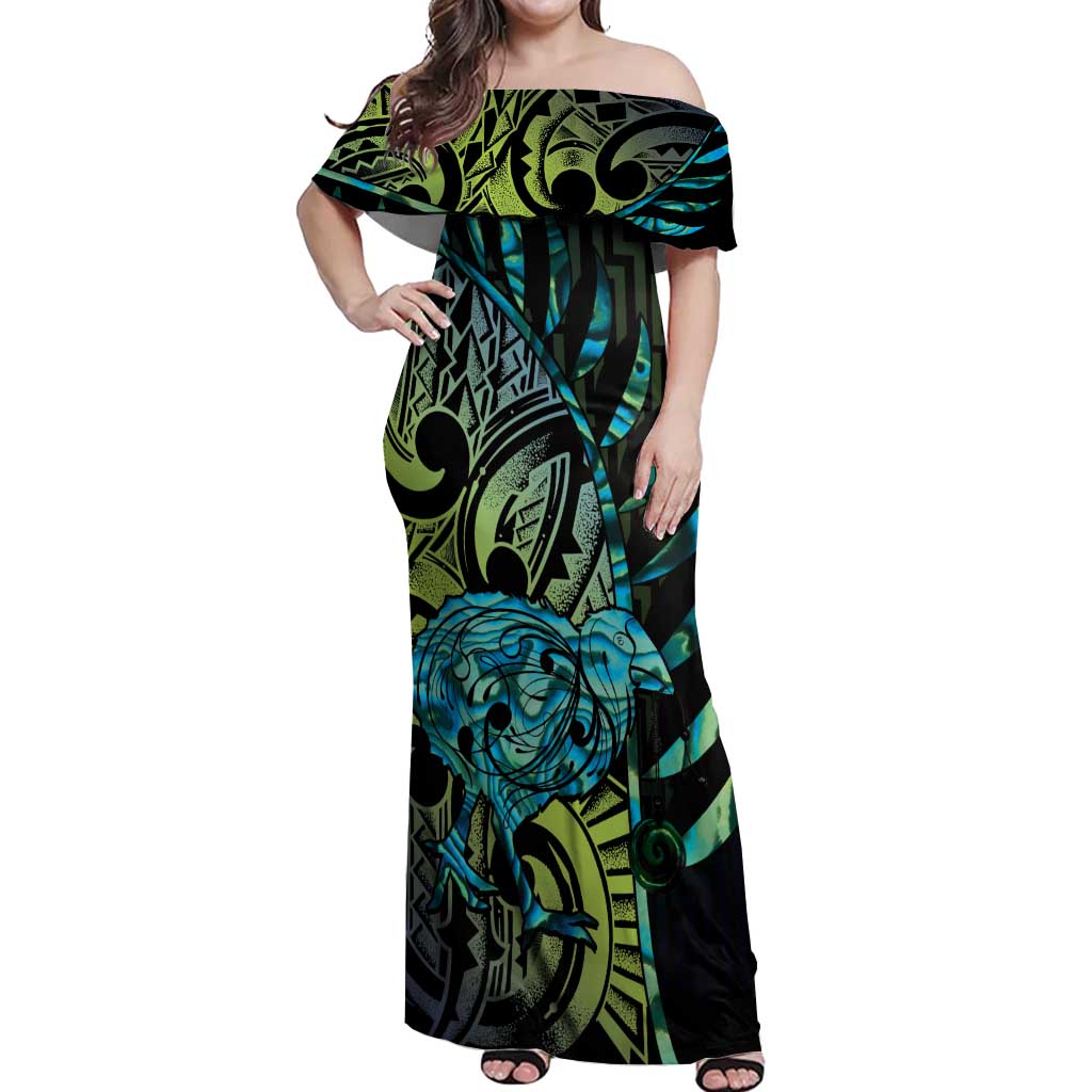 Southland Takehe Pounama Off Shoulder Maxi Dress Aotearoa Poutama Paua Shell Fern