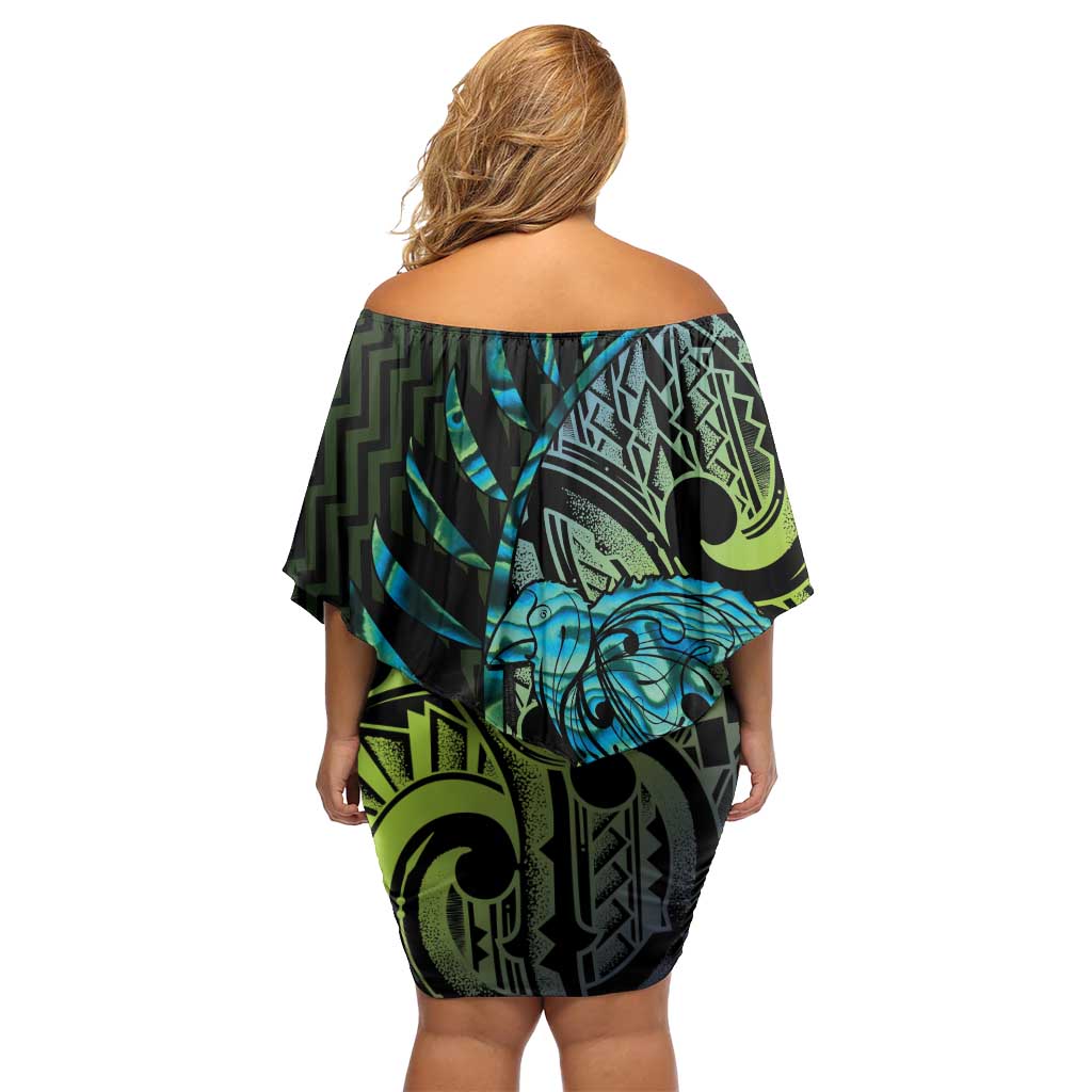 Southland Takehe Pounama Off Shoulder Short Dress Aotearoa Poutama Paua Shell Fern