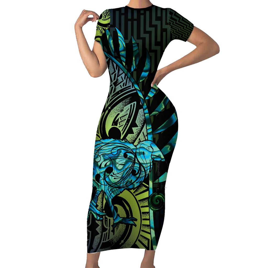 Southland Takehe Pounama Short Sleeve Bodycon Dress Aotearoa Poutama Paua Shell Fern