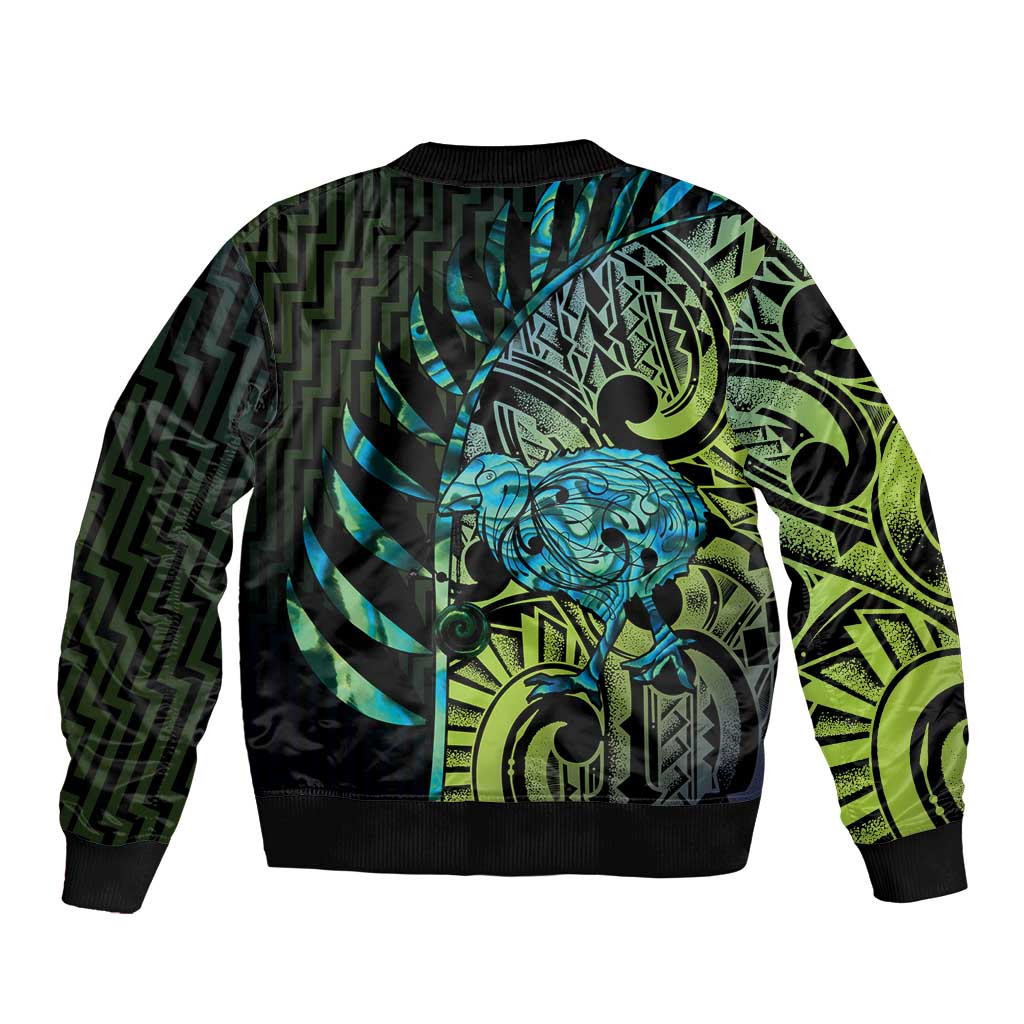 Southland Takehe Pounama Sleeve Zip Bomber Jacket Aotearoa Poutama Paua Shell Fern