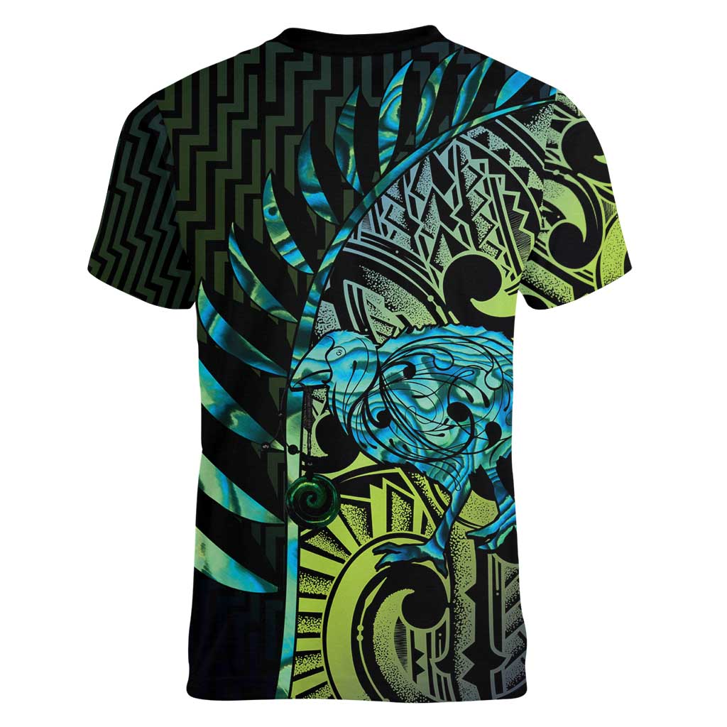 Southland Takehe Pounama Women V-Neck T-Shirt Aotearoa Poutama Paua Shell Fern