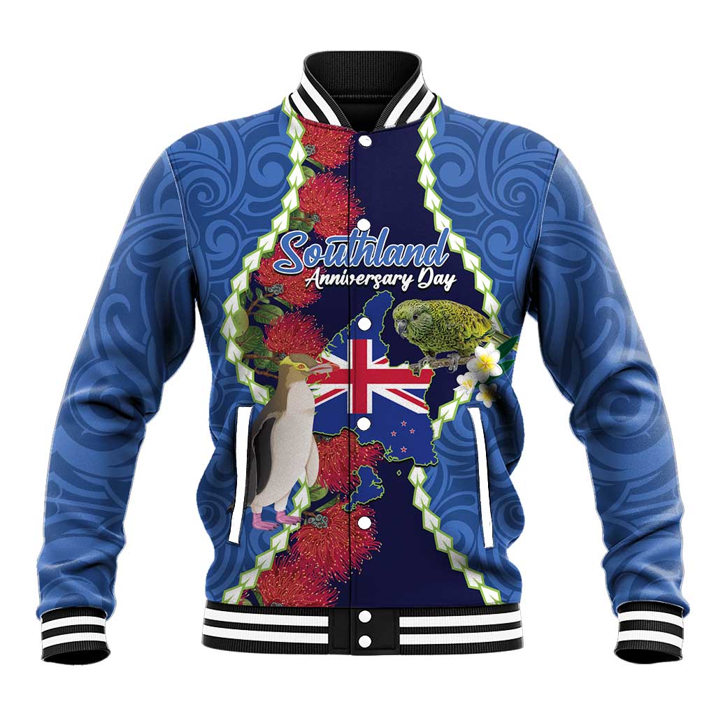 Southland Anniversary Day Baseball Jacket Murihiku 1861 Maori Bird Mix Pohutukawa LT14 Unisex Blue - Polynesian Pride