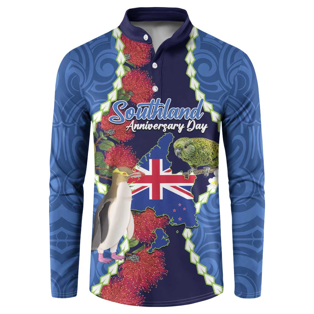 Southland Anniversary Day Button Sweatshirt Murihiku 1861 Maori Bird Mix Pohutukawa LT14 Blue - Polynesian Pride