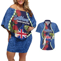 Southland Anniversary Day Couples Matching Off Shoulder Short Dress and Hawaiian Shirt Murihiku 1861 Maori Bird Mix Pohutukawa