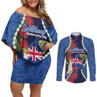 Southland Anniversary Day Couples Matching Off Shoulder Short Dress and Long Sleeve Button Shirt Murihiku 1861 Maori Bird Mix Pohutukawa