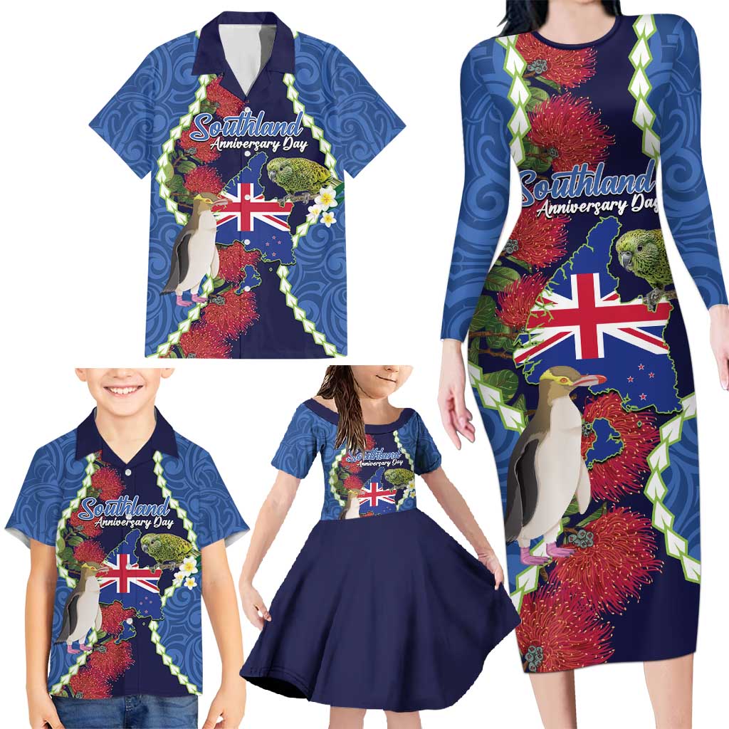 Southland Anniversary Day Family Matching Long Sleeve Bodycon Dress and Hawaiian Shirt Murihiku 1861 Maori Bird Mix Pohutukawa