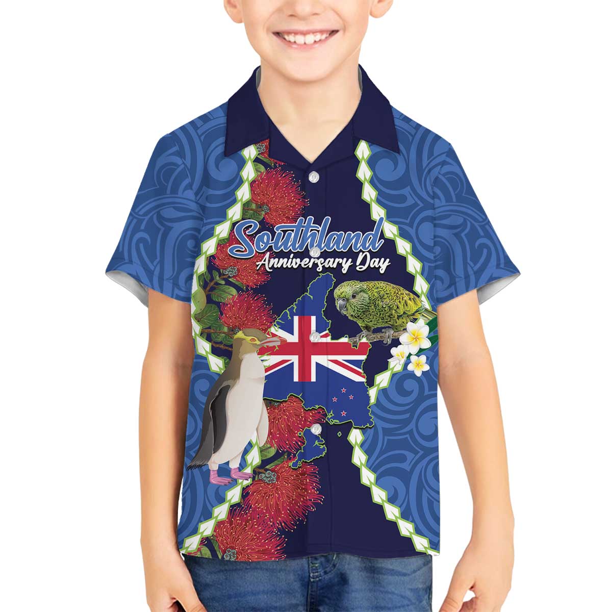 Southland Anniversary Day Family Matching Off The Shoulder Long Sleeve Dress and Hawaiian Shirt Murihiku 1861 Maori Bird Mix Pohutukawa