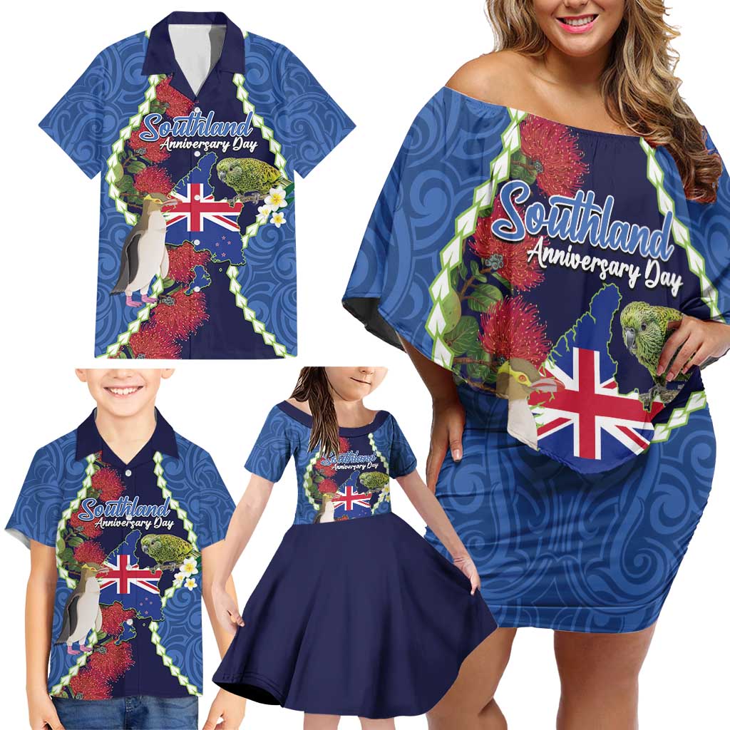 Southland Anniversary Day Family Matching Off Shoulder Short Dress and Hawaiian Shirt Murihiku 1861 Maori Bird Mix Pohutukawa