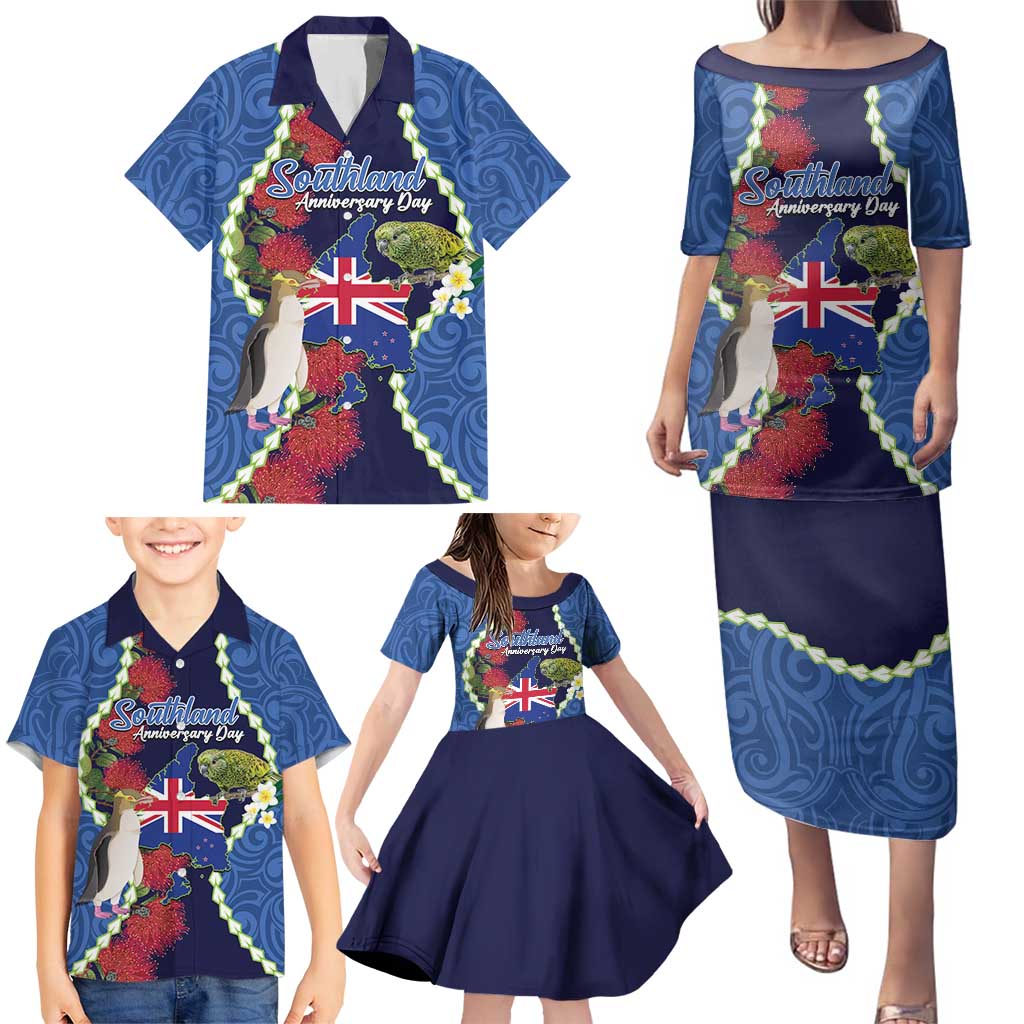 Southland Anniversary Day Family Matching Puletasi and Hawaiian Shirt Murihiku 1861 Maori Bird Mix Pohutukawa