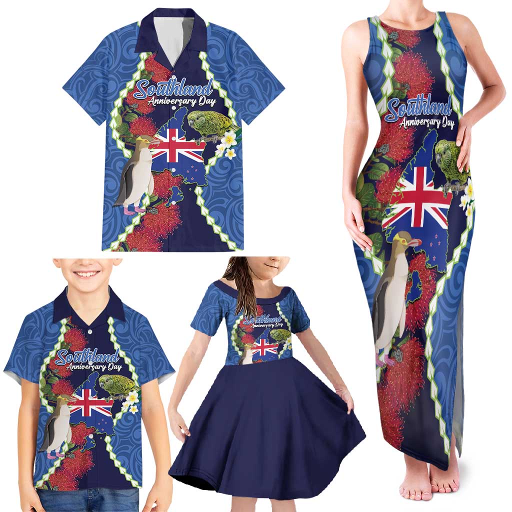 Southland Anniversary Day Family Matching Tank Maxi Dress and Hawaiian Shirt Murihiku 1861 Maori Bird Mix Pohutukawa
