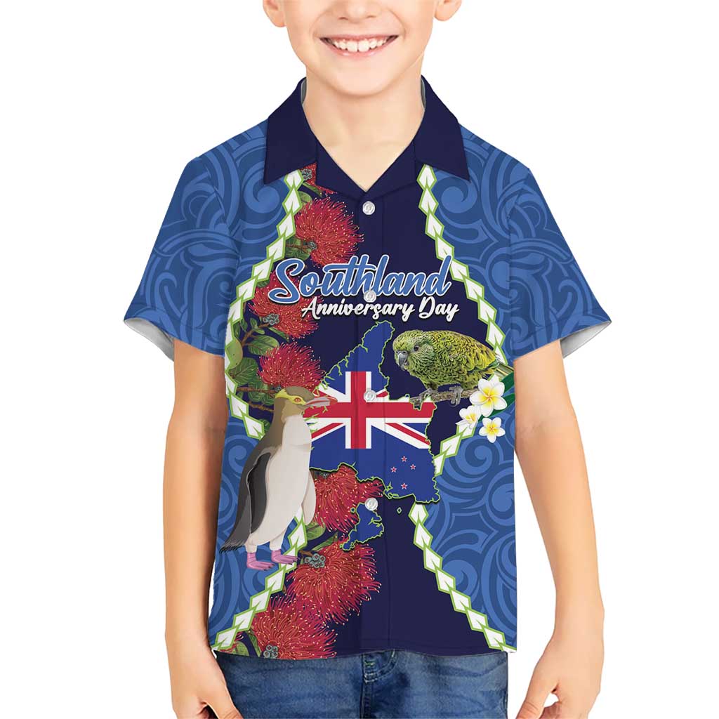 Southland Anniversary Day Kid Hawaiian Shirt Murihiku 1861 Maori Bird Mix Pohutukawa LT14 Kid Blue - Polynesian Pride