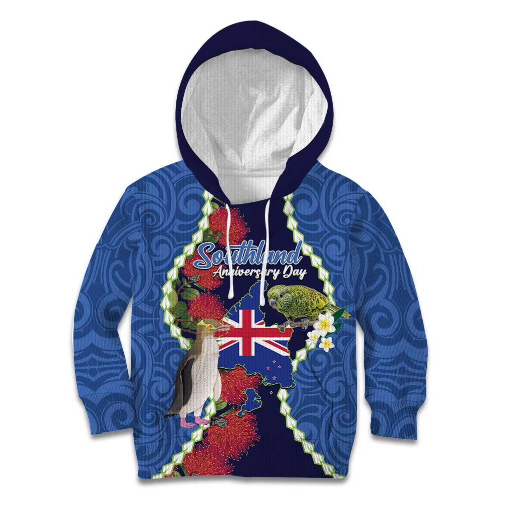 Southland Anniversary Day Kid Hoodie Murihiku 1861 Maori Bird Mix Pohutukawa
