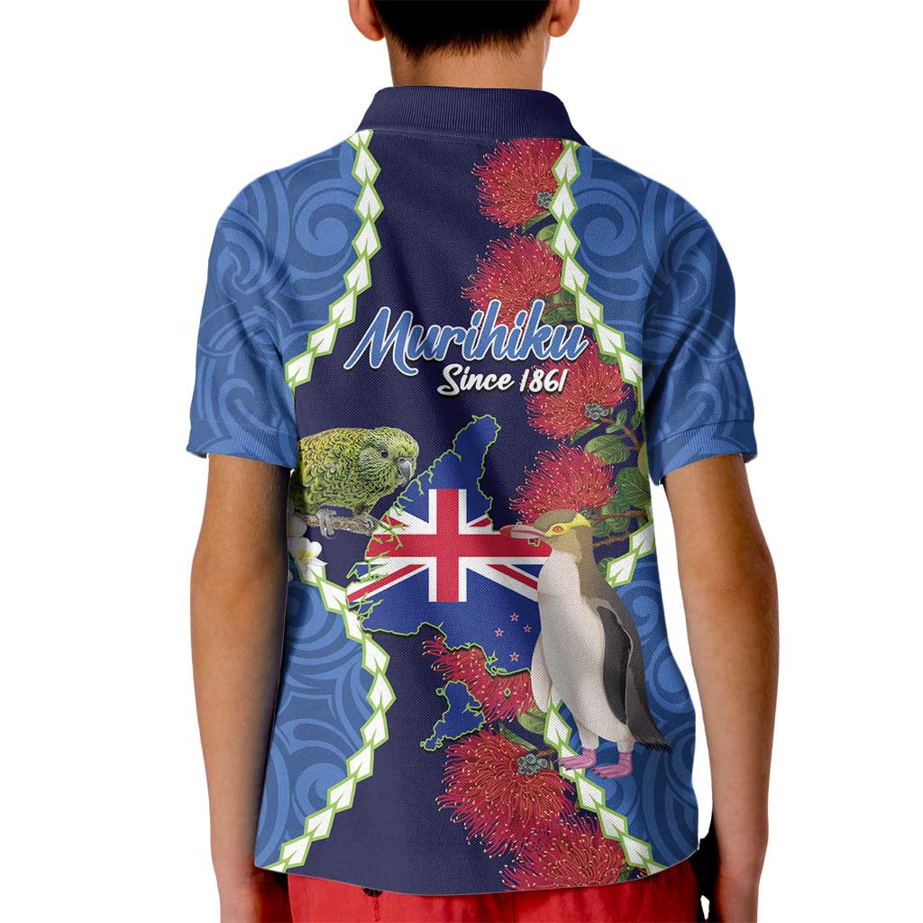 Southland Anniversary Day Kid Polo Shirt Murihiku 1861 Maori Bird Mix Pohutukawa