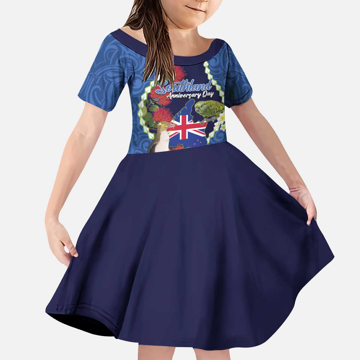 Southland Anniversary Day Kid Short Sleeve Dress Murihiku 1861 Maori Bird Mix Pohutukawa LT14 KID Blue - Polynesian Pride