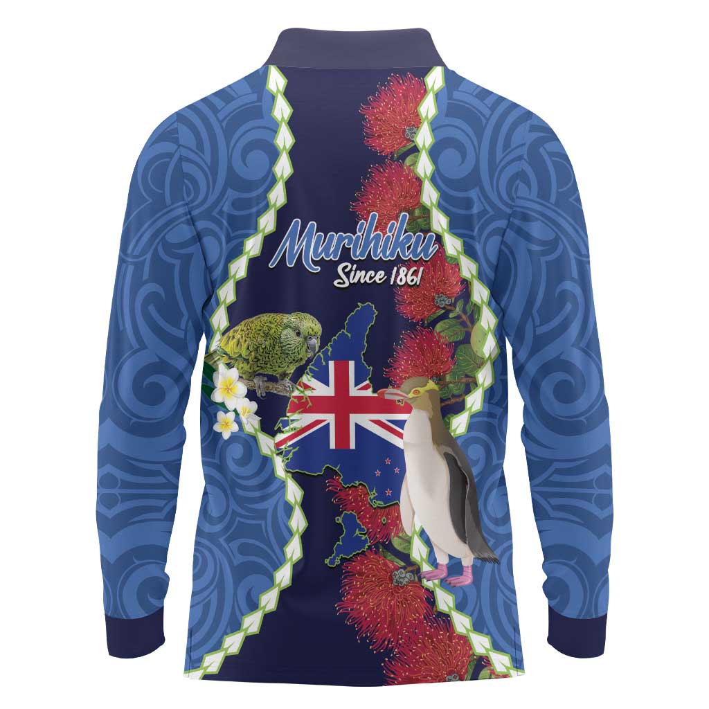 Southland Anniversary Day Long Sleeve Polo Shirt Murihiku 1861 Maori Bird Mix Pohutukawa